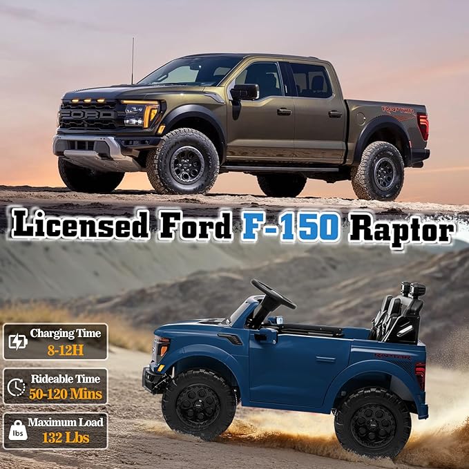24V Ride on Car Licensed Ford F-150 Raptor, Kids Electric Car with Remote Control, LED Light/Music/MP3, Truck Bed Storage, 3-Point Seat Belt (24V, Blue)-CubbioJoy