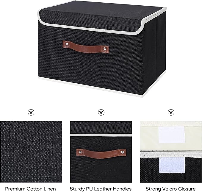 ANMINY Storage Bin with Lid Storage Boxes with PU Leather Handles PP Plastic Board Decorative Foldable Lidded Cotton Linen Fabric Home Cubes Baskets Closet Organizer Container - Black, Large Size-CubbioJoy