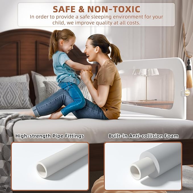 Bed Rail for Toddlers, Baby Bed Rail Guard for Kids, Toddler Bed Rails with Reinforced Anchor Fit, Height Adjustable & Foldable Bed Rail Guard for Twin, Full, Queen & King Beds (White, 59IN)-CubbioJoy