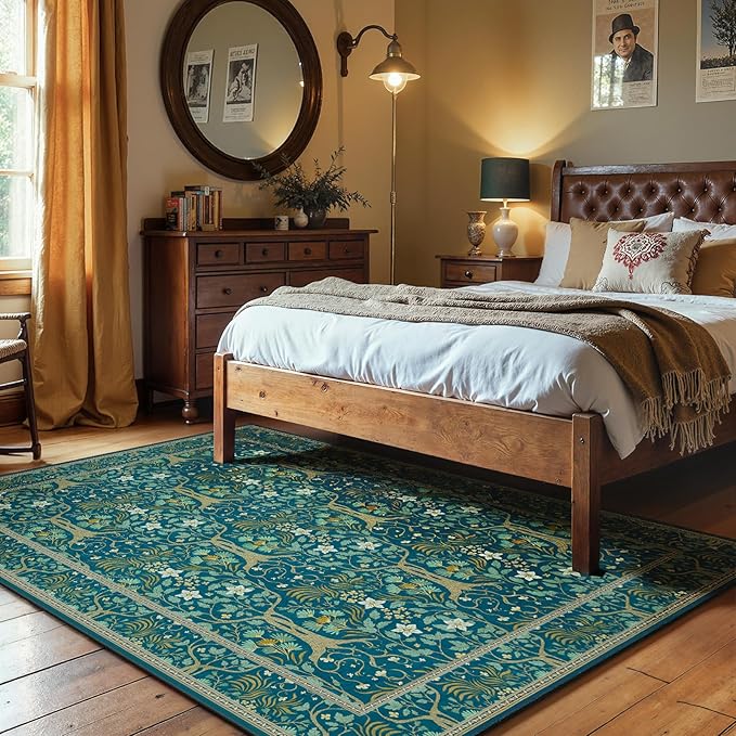 Joydeco Washable Area Rugs 5x7, Boho Floral Dining Room Rug Non Slip, Soft Low-Pile Botanical Forest Indoor Floor Throw Carpet for Living Home Office Playroom Foyer, Dark Blue-CubbioJoy