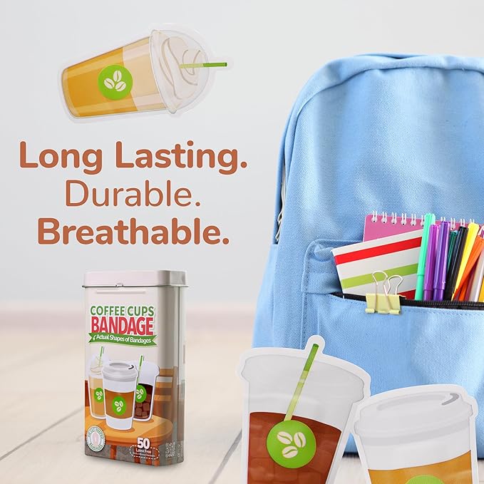 BioSwiss Bandages, Coffee Cup Shaped Self Adhesive Bandage, Latex Free Sterile Wound Care, Fun First Aid Kit Supplies for Kids, 50 Count-CubbioJoy