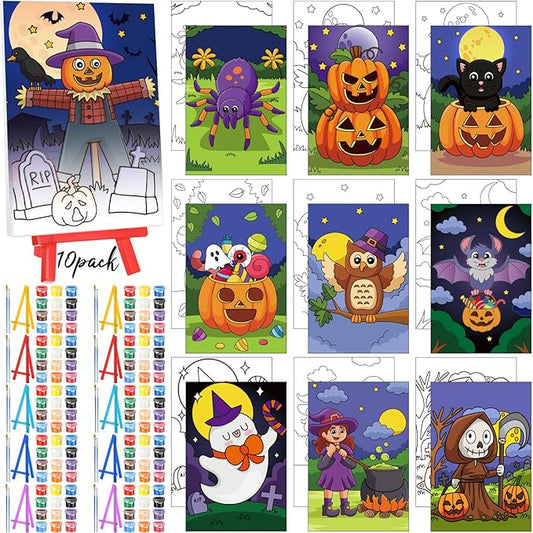 Blosssound 10 Set Pre Printed Canvas Pre Drawn Canvas Painting with Easel Kits 5" x 7" Outline Painting Panels for Beginners, DIY Craft Project, Party Favor, Home Decors(Spider)-CubbioJoy