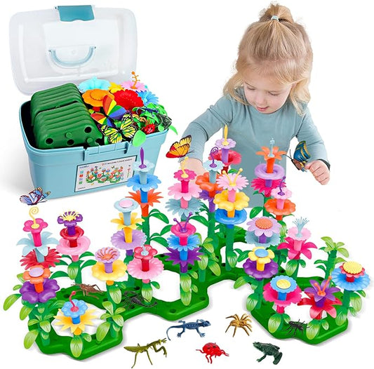 Birthday Toys Gifts for 2 3 4 5 6 Years Old Toddler Girls Boys, 156 PCS Insect Flower Garden Building Educational STEM Learning Pretend Play Gardening Set, Gifts for Preschool Kids Age 2+-CubbioJoy