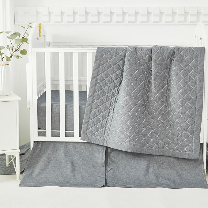 Brandream Gender Neutral Boho Bohemian Farmhouse Chic Baby Crib Bedding Set 100% Washed Cotton Like Linen Supersoft Classic Quilted Plaid Design Nursery Collection (Grey, 6-Piece)-CubbioJoy