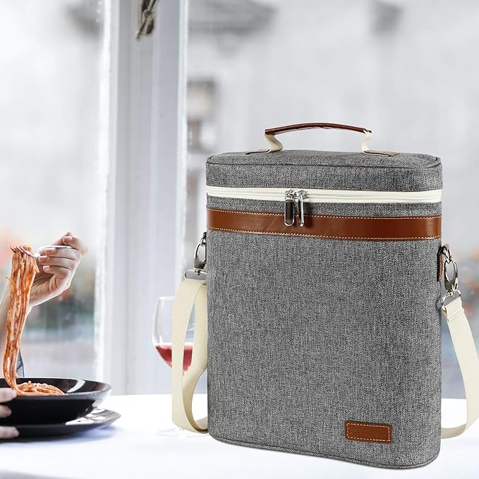 3 Bottle Insulated Wine Tote Carrier Bag, Portable Travel Padded Wine Cooler - Corkscrew Opener, Handle and Adjustable Shoulder Strap, Wine Lover Travel Picnic Party Wedding Wine Tote Grey-CubbioJoy