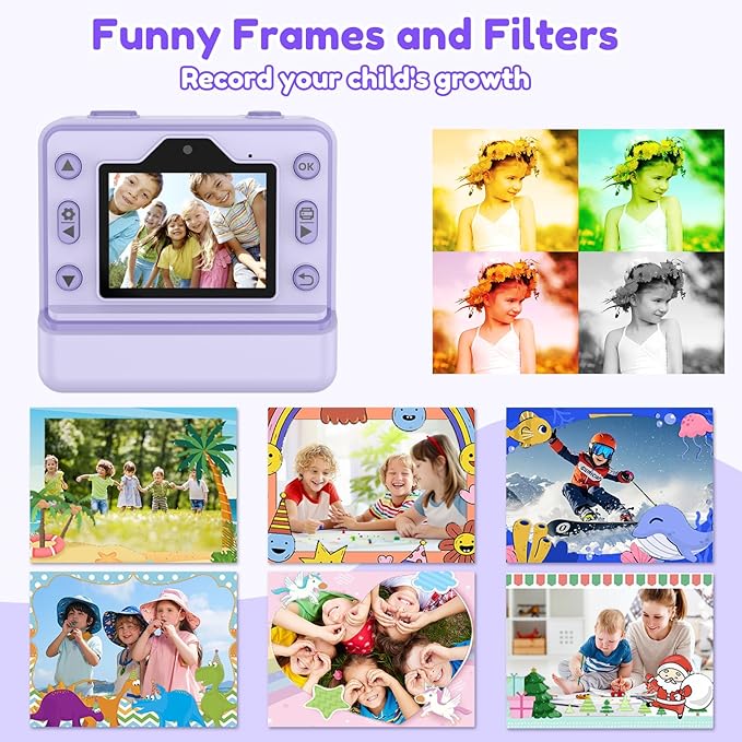 Instant Camera, Instant Print Camera for Kids with 1080P Videos, Front Rear Dual Selfie, 3 Rolls Print Paper & 32GB SD Cards, Christmas Birthday Gifts for Girls Age 3-12-CubbioJoy