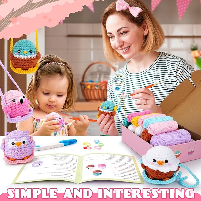 Crochet Kit for Beginners -4 PCS Bird Crochet Kits with Step-by-Step Video Tutorials, Beginner Crochet Kit for Adults and Kids, Crochet Birds On The Swings(Mallard Bald Eagle Flamingo Owl)-CubbioJoy