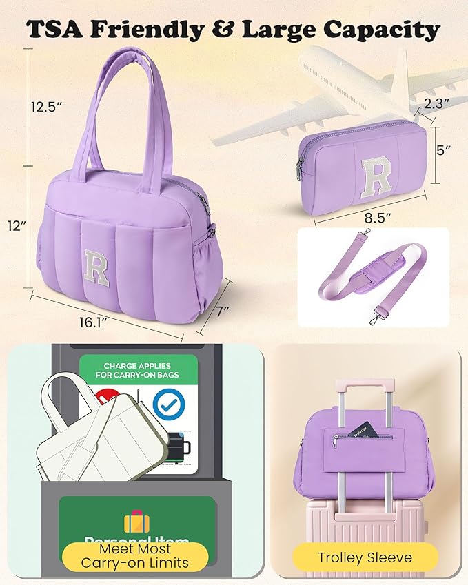 Initial Duffle Bag, Carry On Bags for Women，Overnight Bag with Wet Pocket，Trendy Gifts for Women-Lightweight Travel Bags Personalized Gym Tote with Makeup Pouch-CubbioJoy