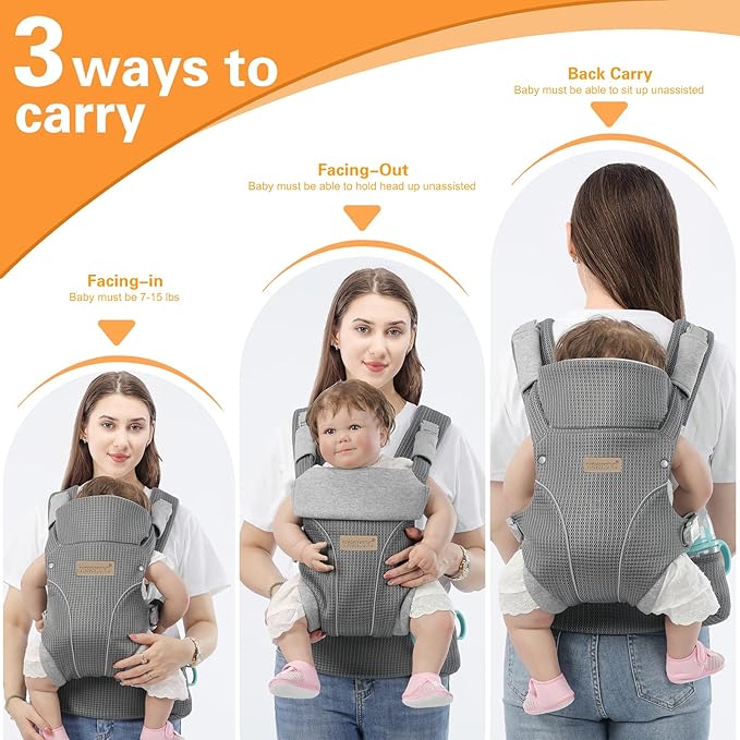 Baby Carrier Newborn to Toddlers - Ergonomic Adjustable Soft Breathable Comfort Infant Carrier for 7-35lbs, Enhanced Support, Easier to Wear (Grey)-CubbioJoy