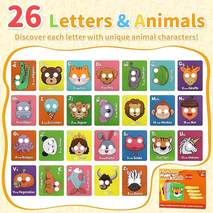 26 PCS Alphabet Mask Cards, Colorful Alphabet ABC Flash Cards with Animal Mask, Giant Letter ABC Animal Faces Flash Learning Flashcards-CubbioJoy