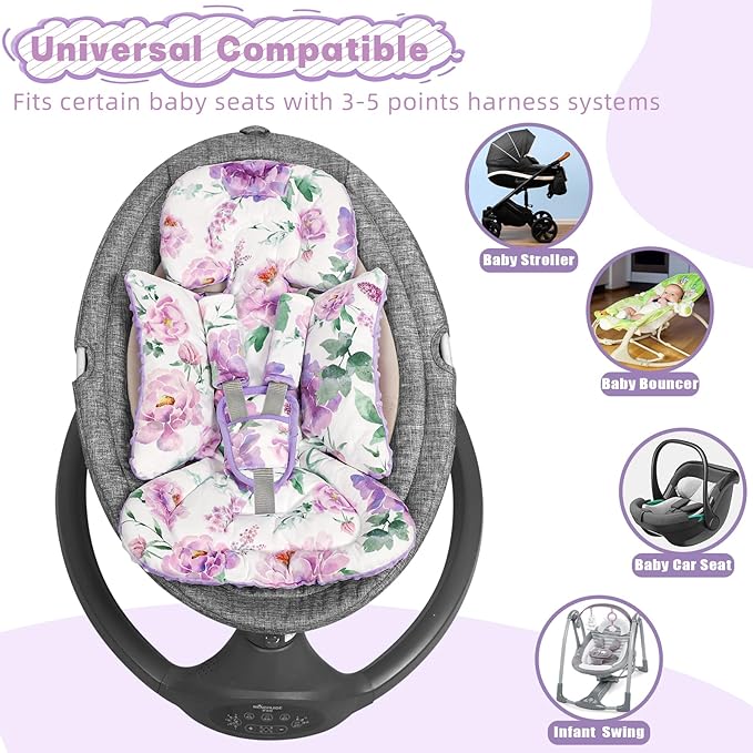 Infant Car Seat Insert, Soft Baby Car Seat Head & Body Support for Girl Boy, Reversible Newborn Preemie Carseat Insert Cushion with 3 Straps Pads Fits CarSeat, Stroller, Swing, Bouncer, Purple Floral-CubbioJoy