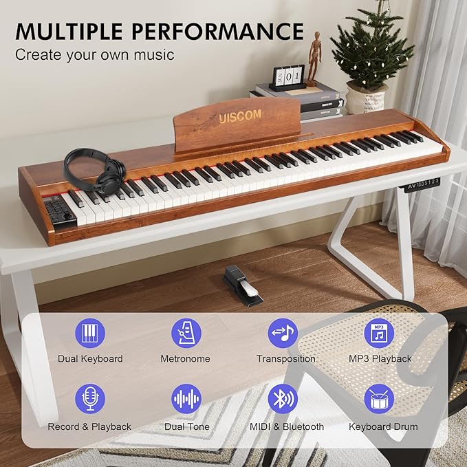 88 Key Digital Piano Keyboard for Beginners,Full Size Electric Piano Semi-Weighted Keyboard with Sheet Music Stand,Pedal,Headphone,Power Adapter,USB-MIDI Compatibility,Wood Grain Brown-CubbioJoy