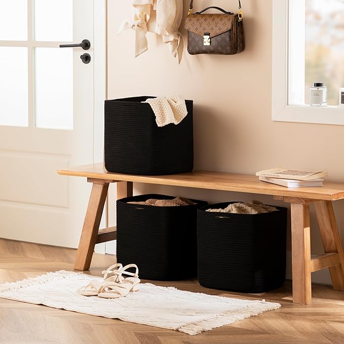 joybest Cube Storage Bins Set of 4, 13inch Cube Baskets Organizer for Nursery, Square Cotton Rope Baskets for Shelves Organizing, Kids Toy, Closet Storage, Black-CubbioJoy