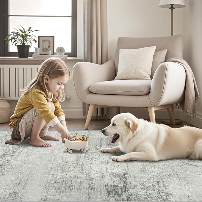 5x7 Area Rugs for Lliving Room Bedroom, Abstract Washable Rugs with Non-Slip Backing, Stain Resistant Thin Carpet for Dorm Dining Room Table Nursery Indoor Home Office-Gray-CubbioJoy