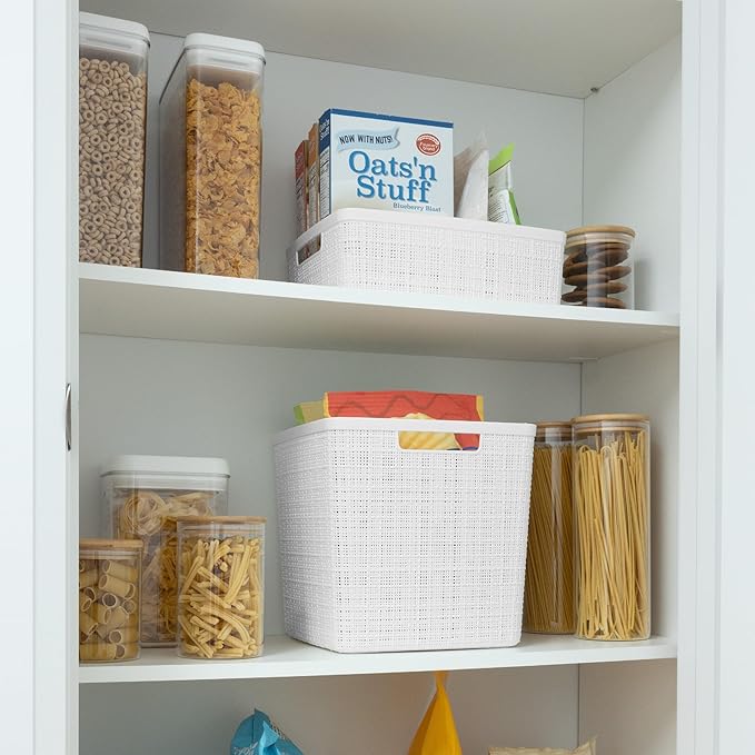 Curver Jute Decorative Plastic Organization and Storage Basket Perfect Bins for Home Office, Closet Shelves, Kitchen Pantry and All Bedroom Essentials, White, Large Cube, Set of 4-CubbioJoy