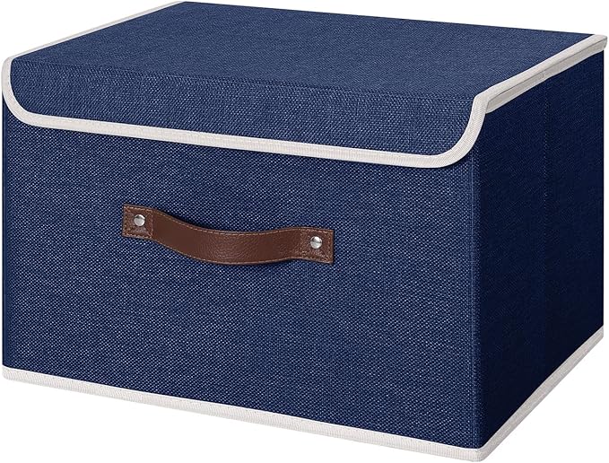 ANMINY Storage Bin with Lid Storage Boxes with PU Leather Handles PP Plastic Board Decorative Foldable Lidded Cotton Linen Fabric Home Cubes Baskets Closet Organizer Container - Blue, Large Size-CubbioJoy