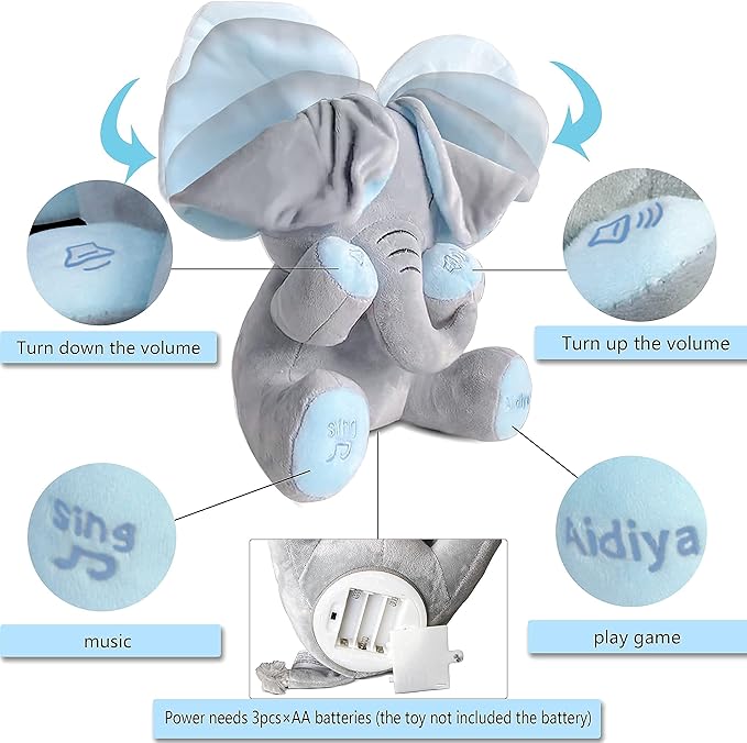 Aidiya Elephant Stuffed Animals Baby Gifts Peluches Ear Interactive Elephant Talking Singing Plush Toys for Girls Boys Gift Adjustable Volume 11.8" Set (Blue)-CubbioJoy