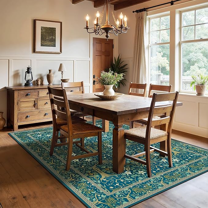 Joydeco Washable Area Rugs 5x7, Boho Floral Dining Room Rug Non Slip, Soft Low-Pile Botanical Forest Indoor Floor Throw Carpet for Living Home Office Playroom Foyer, Dark Blue-CubbioJoy