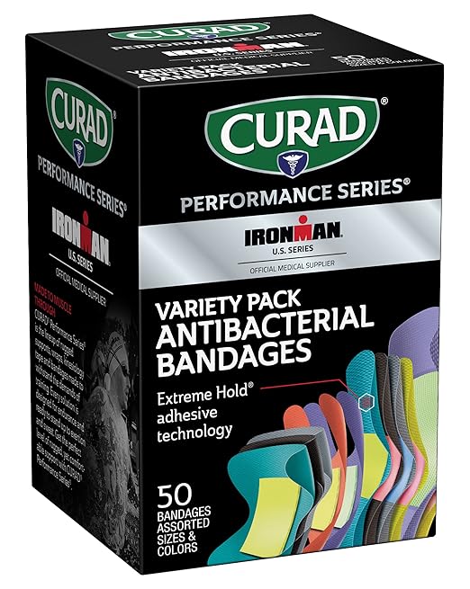 CURAD Performance Series IRONMAN Antibacterial Bandages, Extreme Hold Adhesive Technology, Finger & Knuckle Bandages, Flexible Fabric, Variety Pack with Assorted Sizes & Colors, 50 Count-CubbioJoy