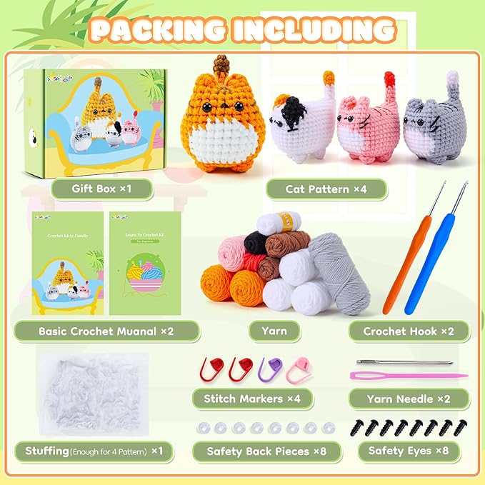 Crochet Kit for Beginners-4PCS Cat Crochet Kits for Adults, Crochet Starter Kit with Step-by-Step Video Tutorials, Crochet Animals Kits DIY Craft Knitting Kit Learn to Crochet Kits for Adults-CubbioJoy