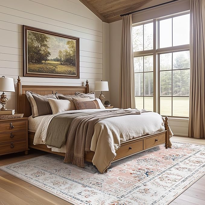 jinchan 6x9 Area Rugs for Living Room - Machine Washable Vintage Floral Distressed Design Stain Resistant Boho Carpet Ultra-Thin Low Pile Non-Slip for Bedroom Dining Room Office (6‘x9',Pink)-CubbioJoy