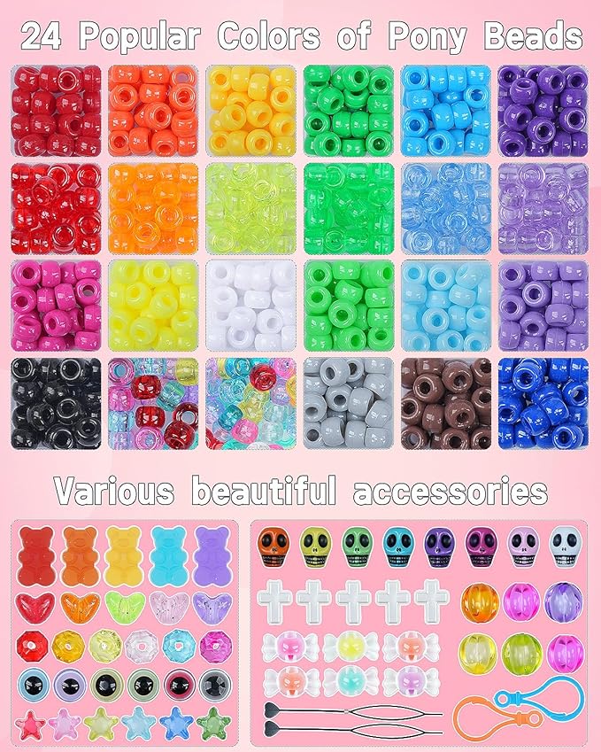 BestNow Kandi Beads Bracelet Making Kit Beads for Pony Beads Polymer Clay Beads 2 Types of Letter Beads 13 Types of Charm Beads for Jewelry Making DIY Arts and Crafts Gifts Toys for Girls Age 6-12-CubbioJoy