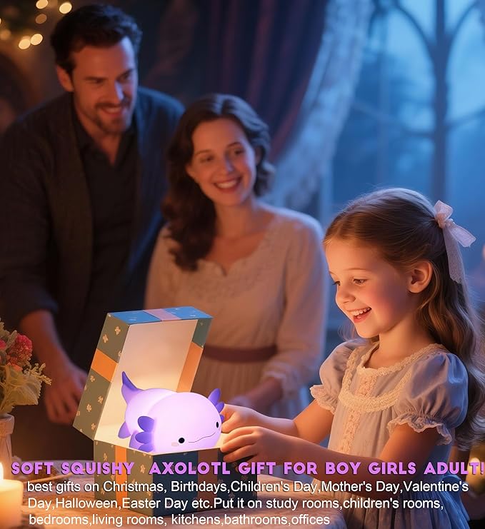 DREAMING MY DREAM Axolotl Night Light for Kids,Cute Axolotl Gifts lamp Rechargeable Light Table Bedside Lamp,LED Animal Silicone Nursery Night Lamp Cute Room Decor for Kids Girls Boys-CubbioJoy