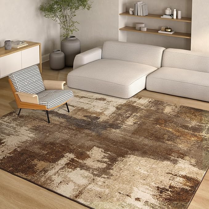 Kelarea Living Room Rug, 4x6 Rug Modern Abstract Washable Rugs Brown Foldable Faux Wool Vintage Carpets, Non Slip Rug for Bedroom, Dining Room, College Dorm, Kids Playroom, Home Office-CubbioJoy