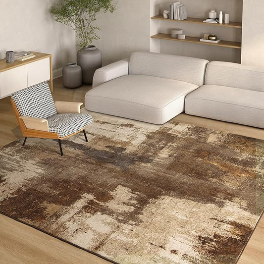 Kelarea Living Room Rug, 4x6 Rug Modern Abstract Washable Rugs Brown Foldable Faux Wool Vintage Carpets, Non Slip Rug for Bedroom, Dining Room, College Dorm, Kids Playroom, Home Office-CubbioJoy
