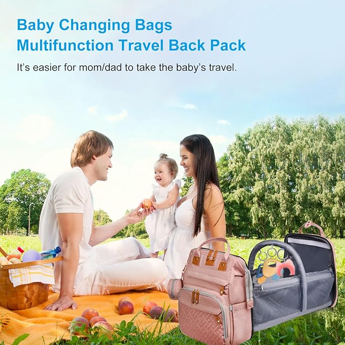 Jeryswet Baby Diaper Bags with Changing Station, Waterproof Large Capacity Diaper Bag Backpack for Moms Dads with USB Charging Port and Stroller Straps, Baby Shower Gifts, Pink-Grey-CubbioJoy