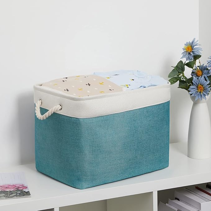 Bidtakay Foldable Storage Bins Set of 2 Tall Cloth Baskets 16" X 11.8" X 11.8" Decorative Organizers for Linen Closet (White & Teal)-CubbioJoy