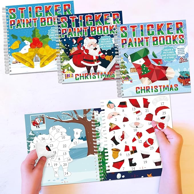 4 Pcs Christmas Paint by Sticker Books for Kids Ages 4-8 Sticker by Number Books Activity Book for Kids Ages 3-5 Sticker Puzzle Book Craft Art Toddlers Gift Snowman Santa Claus Xmas Tree 32 Pictures-CubbioJoy