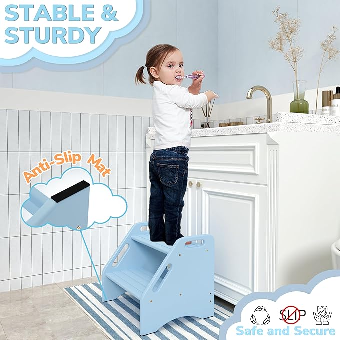 AMBIRD Wooden Step Stool, Two Step Stools 300 lbs Capacity with Safety Non-Slip Pads and Handles, Bamboo Step Stool for Bathroom, Kitchen Dual Height Step Stools for Kids (Sky Blue)-CubbioJoy