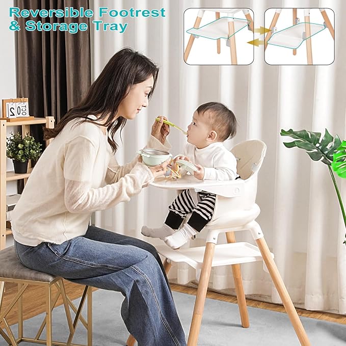 Baby High Chair, 6 in 1 Wooden Convertible High Chairs for Babies and Toddlers, Booster Seat with Double Tray & Reversible Footrest Baby Highchair, 5-Point Harness Baby Feeding Chair, Beige-CubbioJoy