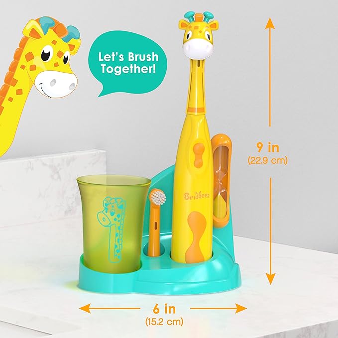 Brusheez Kids’ Electric Toothbrush Set - Safe & Effective for Ages 3+ - Parent Tested & Approved with Gentle Bristles, 2 Brush Heads, Rinse Cup, 2-Minute Timer, & Storage Base (Jovie The Giraffe)-CubbioJoy