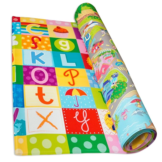 Baby Care Play Mat (Medium, Playful - Zoo Town) 73’’ x 49’’ Original One-Piece Reversible Rollable Waterproof Play Mat for Infants, Babies, Toddler, and Kids-CubbioJoy