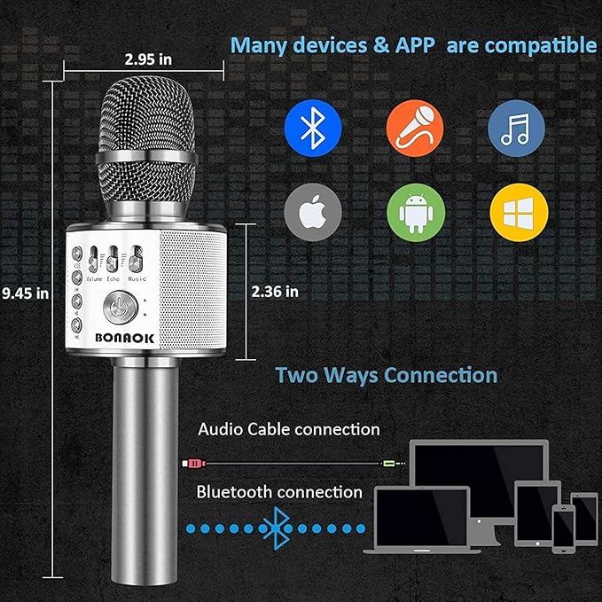 BONAOK Wireless Bluetooth Karaoke Microphone,3-in-1 Portable Handheld Karaoke Mic Speaker Machine Home Party Birthday for All Smartphones Q37 (Space Gray)-CubbioJoy