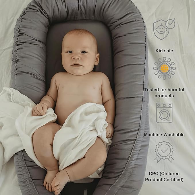 Infant Lounger, Baby Nest Cover for Baby Girls & Boys, Newborn Essentials for Baby 0-12 Months, 100% Cotton Breathable, Co Sleeper Portable Travel Bed (SlateGray, Cotton)-CubbioJoy
