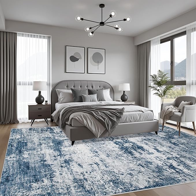6x9 Area Rug Living Room Rug: Washable Modern Abstract Soft Thin Rug Indoor Floor No Slip Stain Resistant Carpet for Bedroom Dining Room Farmhouse Nursery Home Office - Blue-CubbioJoy