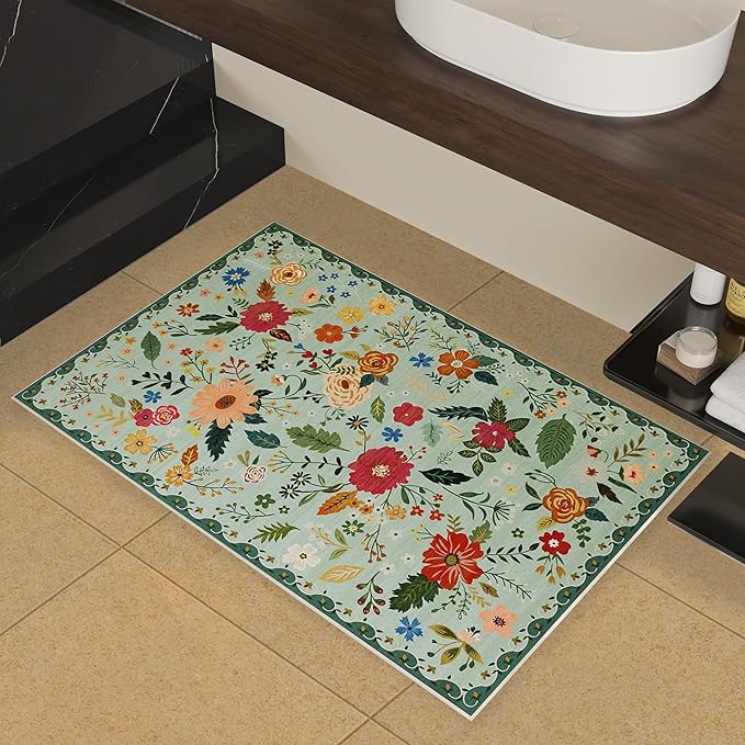 2x3 Washable Rug for Entryway, Floral Green Soft Small Area Rug, Non Slip Doormat Indoor Entrance Carpet, Flower Low Pile Front Door Throw Rug for Bedroom, Kitchen, Laundry, Bathroom, Sage Green-CubbioJoy