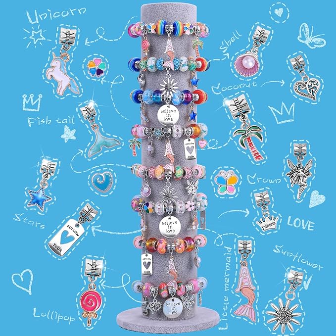 AIPRIDY Charm Bracelet Making Kit,Unicorn Mermaid Crafts Gifts Set Can Inspires Imagination and Creativity,Jewelry Making Kit Perfect Gifts for Girls 5-12 Years Old(72 Pieces Mermaid Aqua)-CubbioJoy