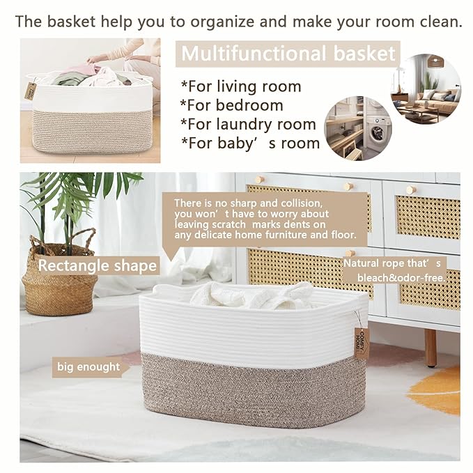 COMFY-HOMI Large Laundry for Organizing|Rectangle Cotton Rope Storage with Handles|Blanket for Living Room|Woven Laundry for Towels, Toys, Clothes-22x15x12”-White/Brown-CubbioJoy