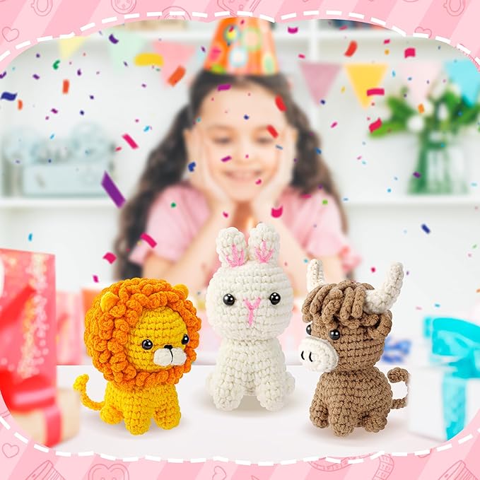Crochet Kit for Beginners, Amigurumi Crochet Animal Kits, Crocheting Kit for Starters Adult Kids with Step-by-Step Video Tutorials, Animal Kits with Highland Cow, Lion, Bunny-CubbioJoy