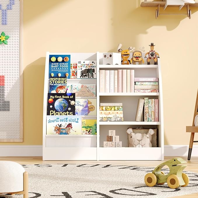 4 Tier Kids Bookshelf, 4 Layer Sling Kids Book Shelf for Kids Rooms,Wood Children Bookcase,Baby Storage Book Rack,Toddler Bookshelf, Book and Toy Organizer,Book Display Shelf for Bedroom, Nursery-CubbioJoy