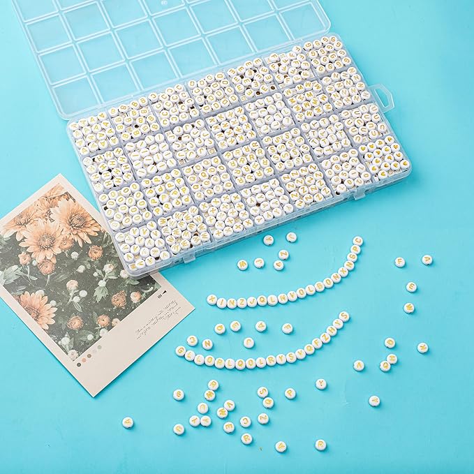 1400pcs Letter Beads, 4x7 mm Acrylic Alphabet Beads, Beads for Jewelry and Bracelet Making, in 28 Grid Box (White and Gold)-CubbioJoy