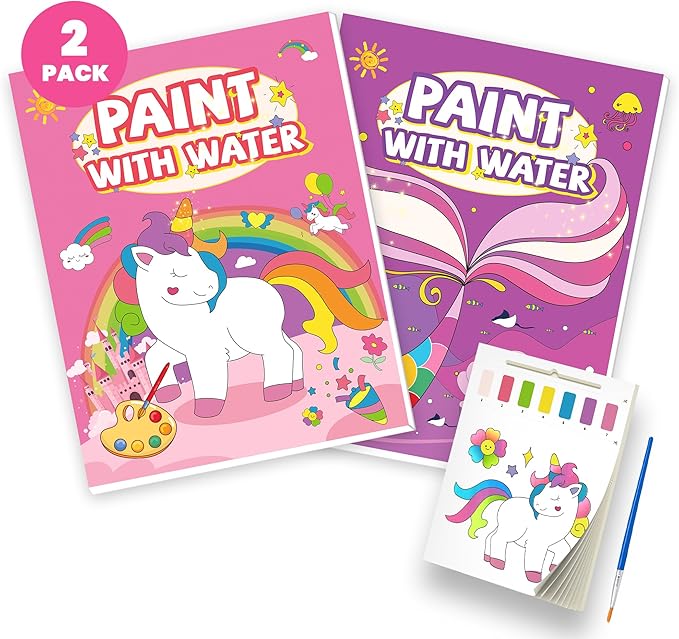 2PCS Paint with Water Books for Kids, Unicorn & Mermaid Watercolor Paint Book Set for Kids,Toddlers Water Color Coloring Painting Drawing Set,Mess Free Toys Gifts for Girls Age 3 4 5 6 7 8-CubbioJoy
