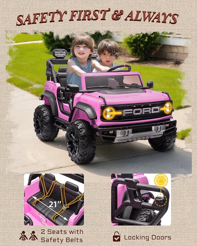 24V Ride on Toys for Big Kids, Licensed Ford Bronco Raptor 2 Seater Ride on Cars with Remote Control, Ride on Truck w/ 4-Wheeler Suspension, 3 Speeds, Led Lights, Bluetooth (24V, Pink)-CubbioJoy