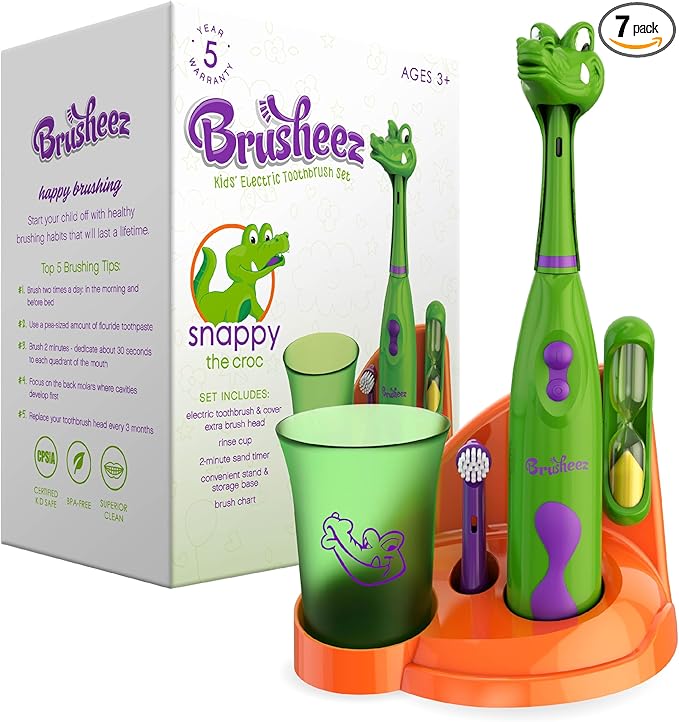 Brusheez Kids’ Electric Toothbrush Set - Safe & Effective for Ages 3+ - Parent Tested & Approved with Gentle Bristles, 2 Brush Heads, Rinse Cup, 2-Minute Timer, & Storage Base (Snappy The Croc)-CubbioJoy
