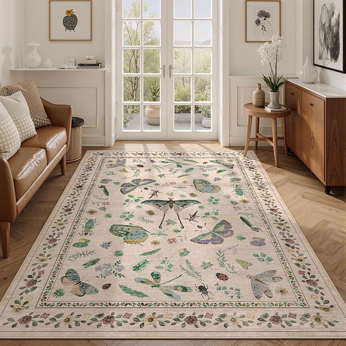 5x7 Washable Area Rug with Insect Print - Bug Rug Non-Shedding Stain Resistant Soft Carpet for Bedroom, Low Pile Ultra-Thin Machine Washable Carpet for Dining Room, Kids Nursery, Office (5'x7' Beige)-CubbioJoy