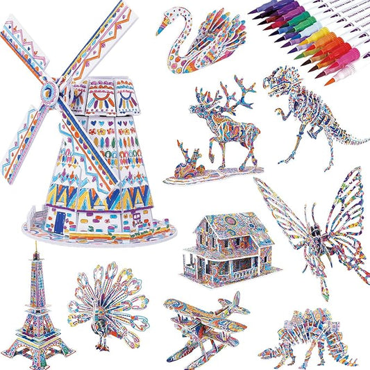3D Coloring Puzzle Set, Arts and Crafts for Girls and Boys Age 6 7 8 9 10 11 12 Year Old, Fun Educational Painting Crafts Kit with Supplies for Kids, Birthday Toy Gift for Kids-CubbioJoy